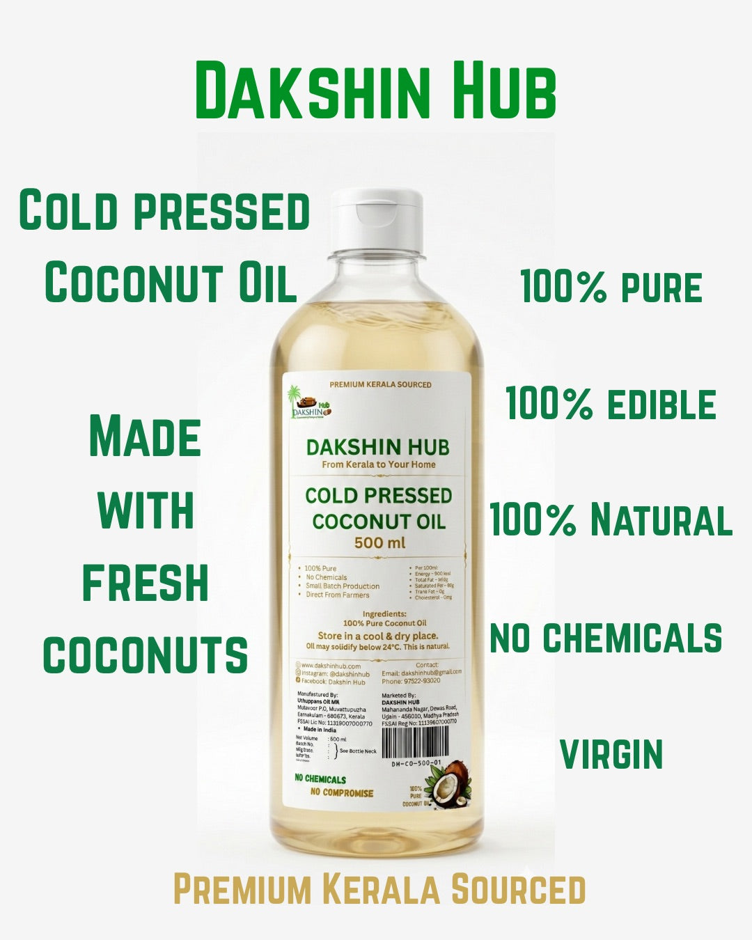 Pure Kerala Virgin Coconut Oil 500 ml - Dakshin Hub | Cold Pressed Virgin Kerala Coconut Oil
